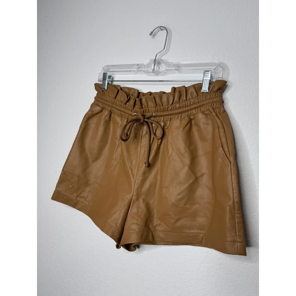 Olivaceous Brown Faux Leather Paperbag Waist Shorts Womens Size L Cognac Pockets